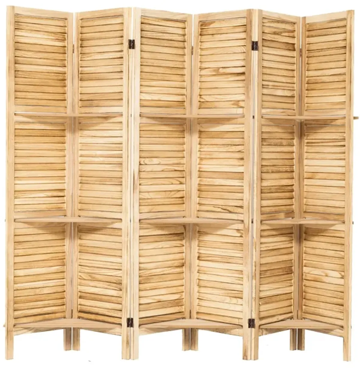 Room Divider 6 Panel, Wood Folding Room Divider Screen, Room Divider with Shelves and Easy Move Partition, Freestanding Room Screen Divider with Display Shelves (Natural Color)