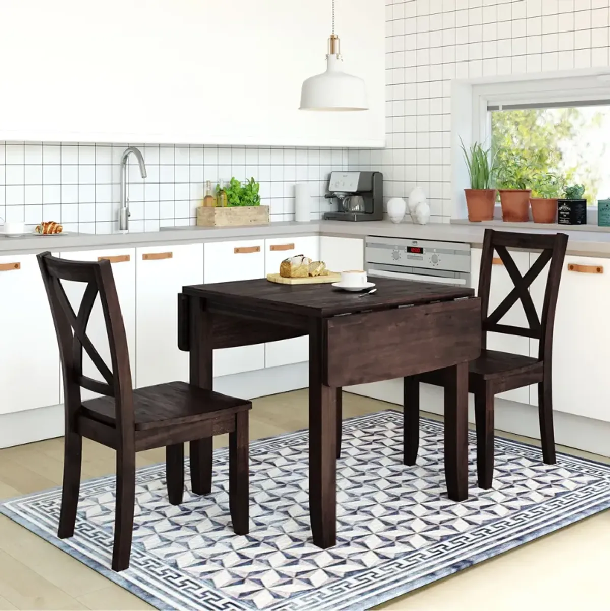 MONDAWE 3-Piece Wood Drop Leaf Breakfast Nook Dining Table Set with 2 X-back Chairs for Small Places,Dining Room,Kitchen