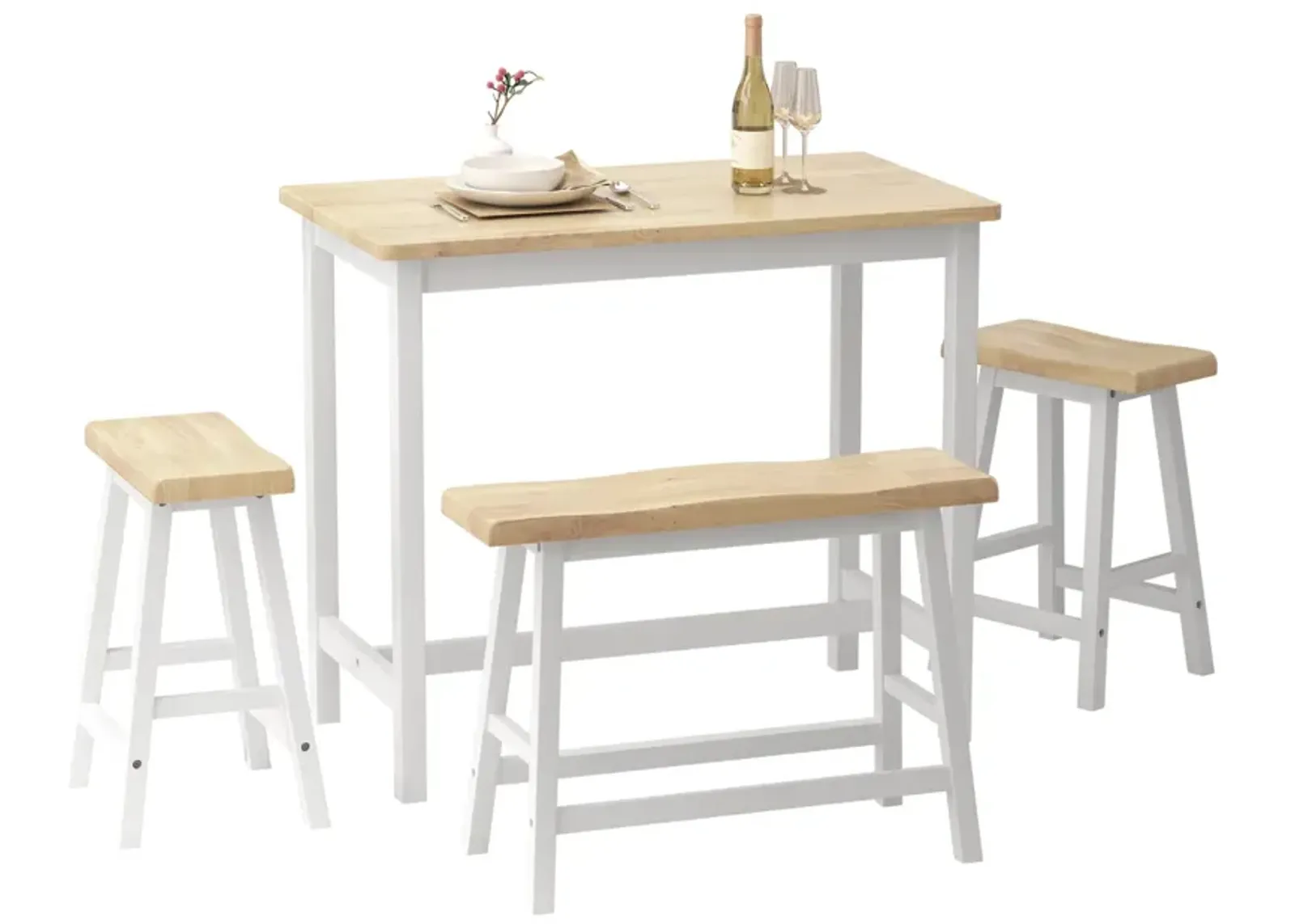 4-Person Wood Dining Set with Bench & Stools