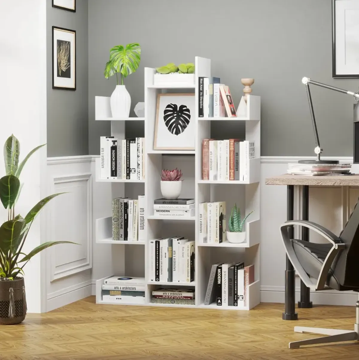 White Book Display: Modern 13-Shelf Tree Bookcase for Living Spaces