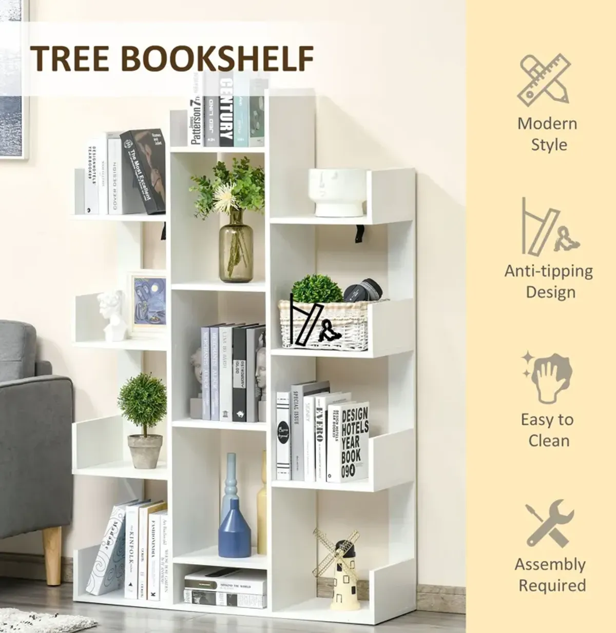 White Book Display: Modern 13-Shelf Tree Bookcase for Living Spaces