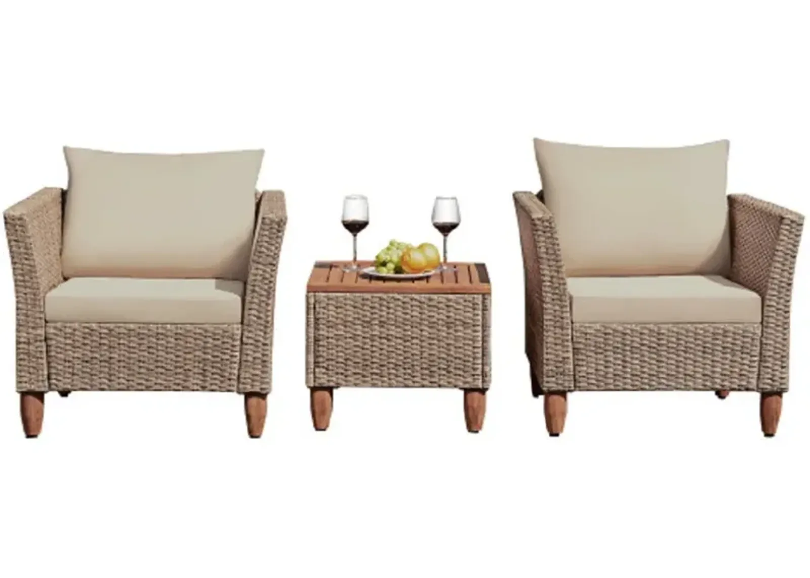 3 Pieces Patio Rattan Furniture Set with Washable Cushion for Yard Porch-Beige