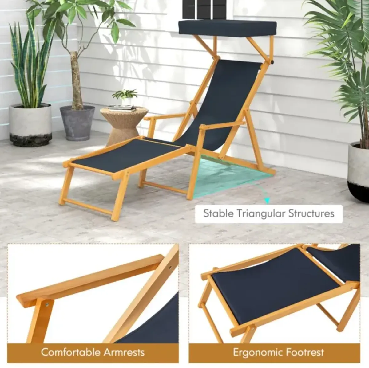 Hivvago Birch Wood Chaise Lounge Chair Foldable Beach Chair with Adjustable Canopy