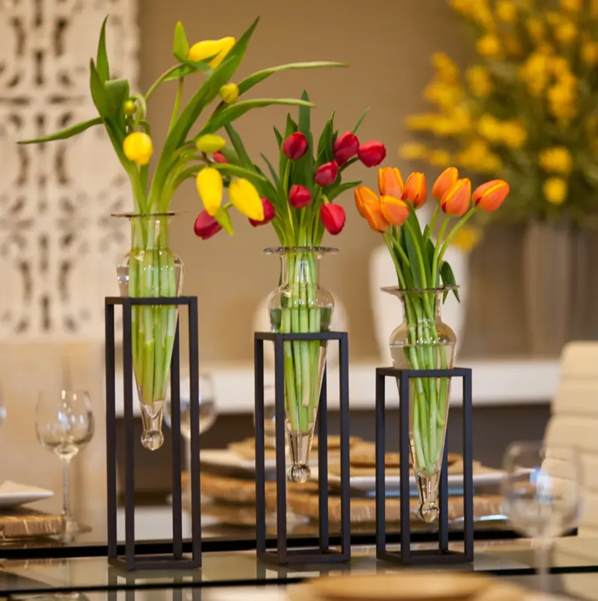 Set of 3 Amphorae Vases on Square Tubing Metal Stands