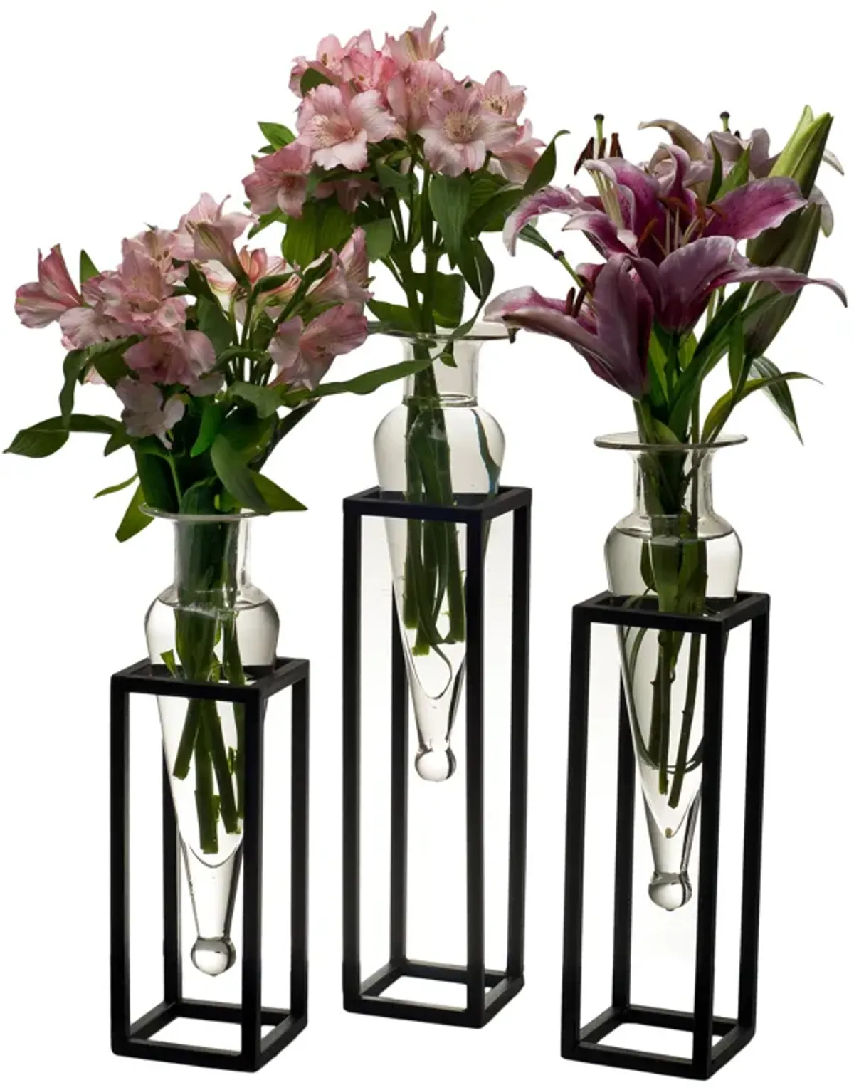 Set of 3 Amphorae Vases on Square Tubing Metal Stands