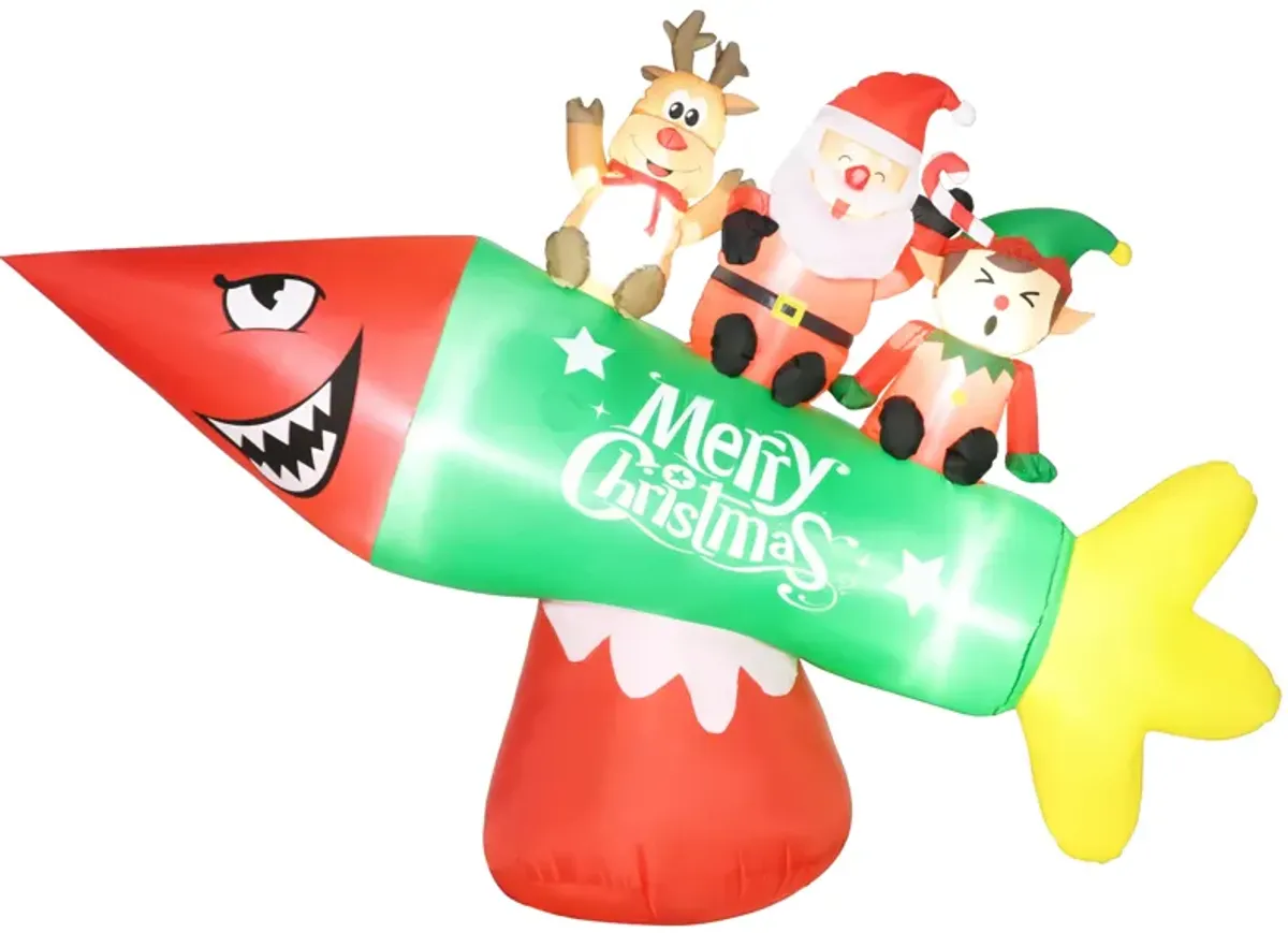 9' Inflatable Christmas Rocket Carrying Santa Claus, Elf and Reindeer for Garden