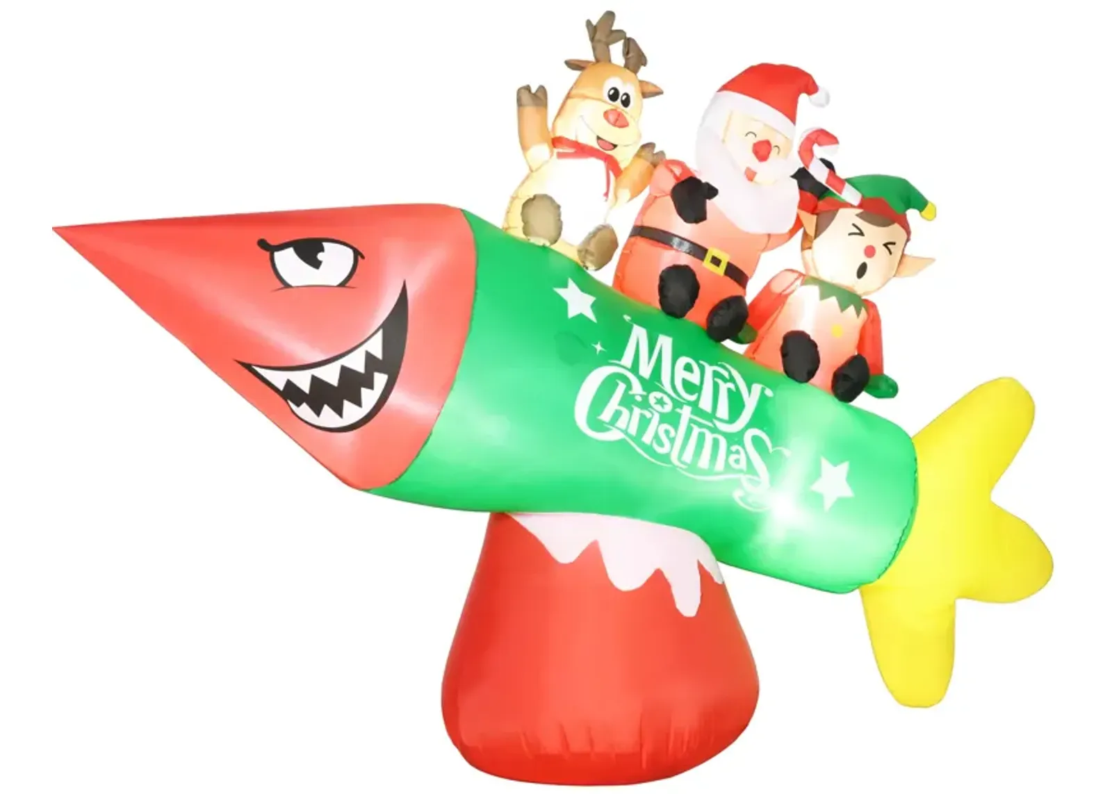 9' Inflatable Christmas Rocket Carrying Santa Claus, Elf and Reindeer for Garden