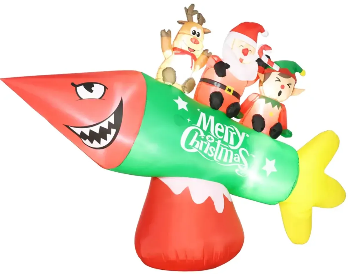 9' Inflatable Christmas Rocket Carrying Santa Claus, Elf and Reindeer for Garden