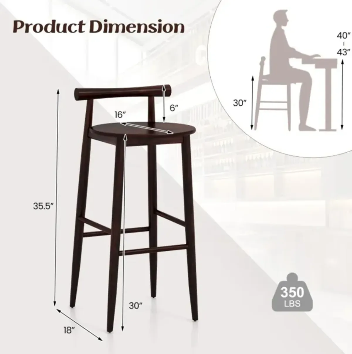 Hivvago Wooden Bar Chair Set of 2 with Backrest and Footrest for Home Restaurant Cafe