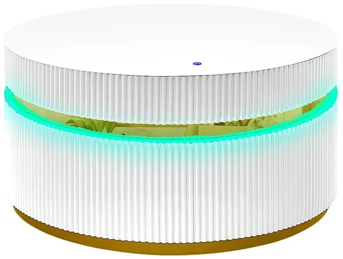 Tavita 39 Round White Coffee Table with Glass Top and LED Lights