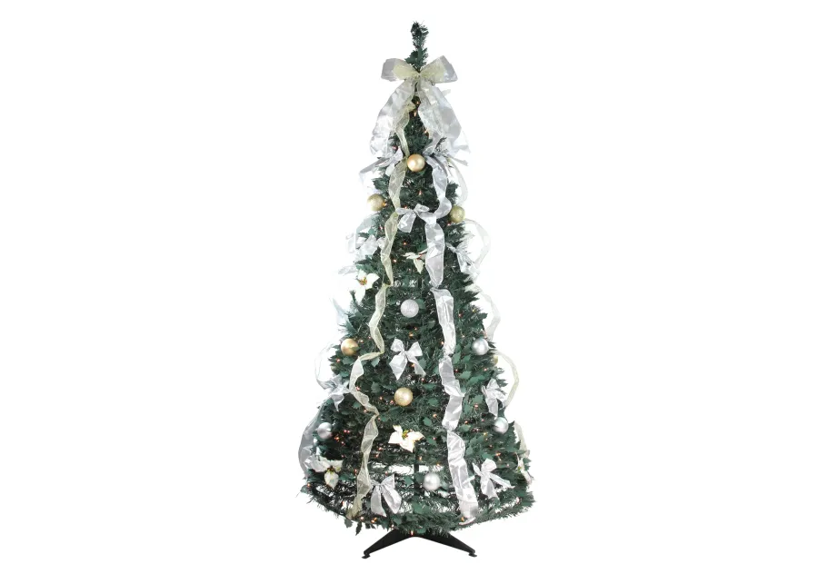 6' Pre-Lit Silver and Gold Pre-Decorated Pop-Up Artificial Christmas Tree  Clear Lights