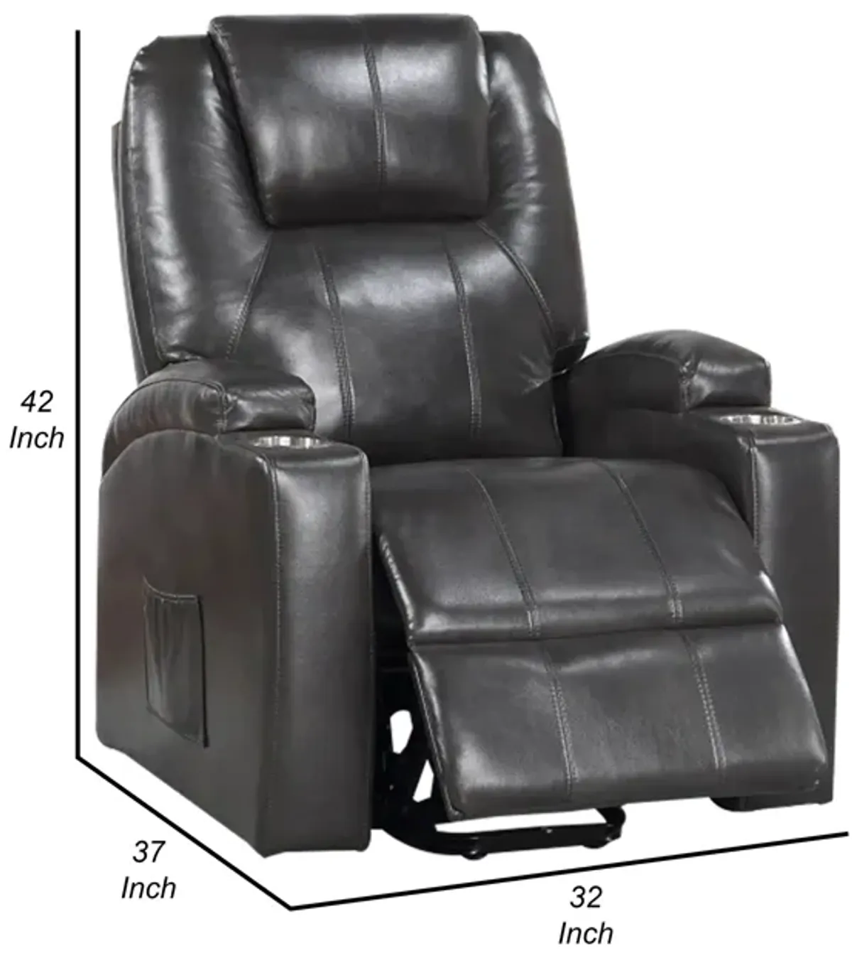 Evans 37 Inch Recliner Chair, Power Lift, Cupholders, Gray Faux Leather - Benzara