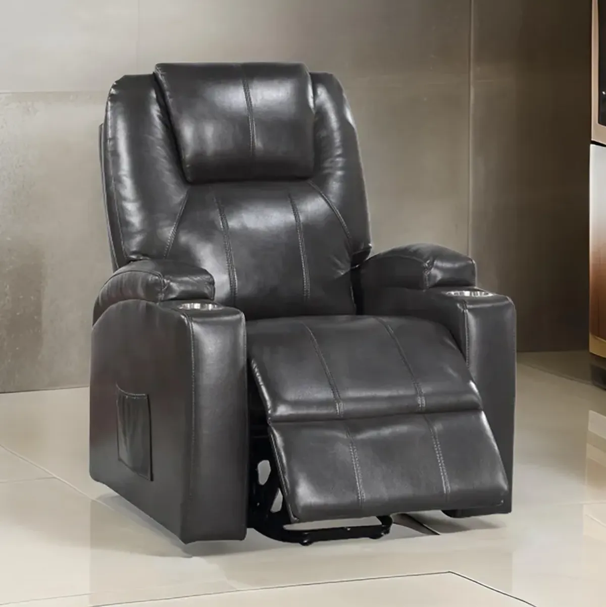 Evans 37 Inch Recliner Chair, Power Lift, Cupholders, Gray Faux Leather - Benzara