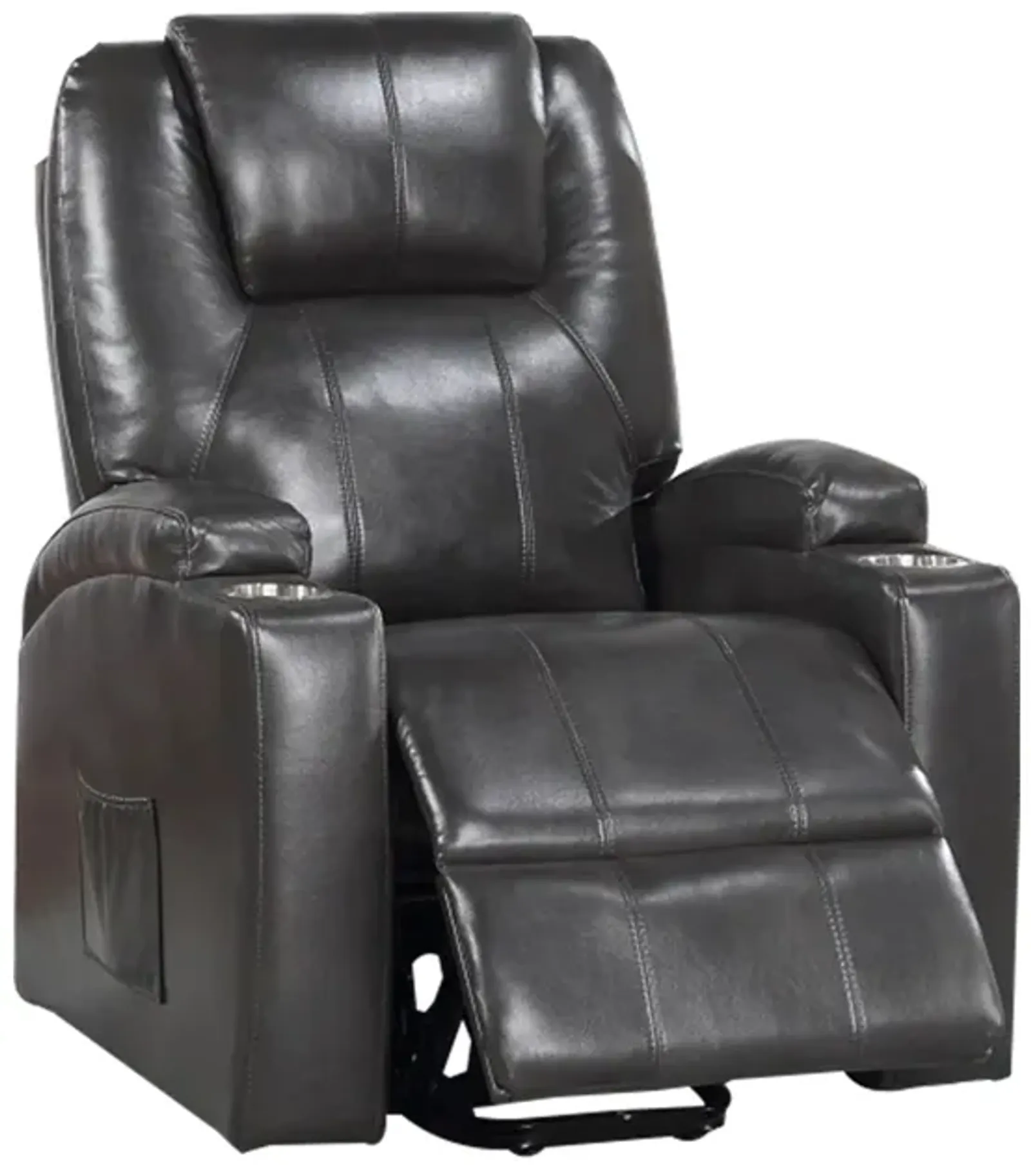 Evans 37 Inch Recliner Chair, Power Lift, Cupholders, Gray Faux Leather - Benzara