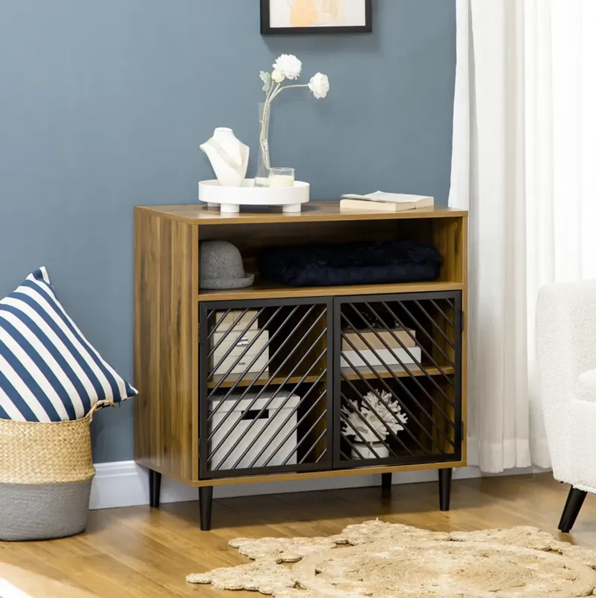 Rustic Kitchen Cabinet Storage Cabinet with Metal Doors and Adjustable Shelves