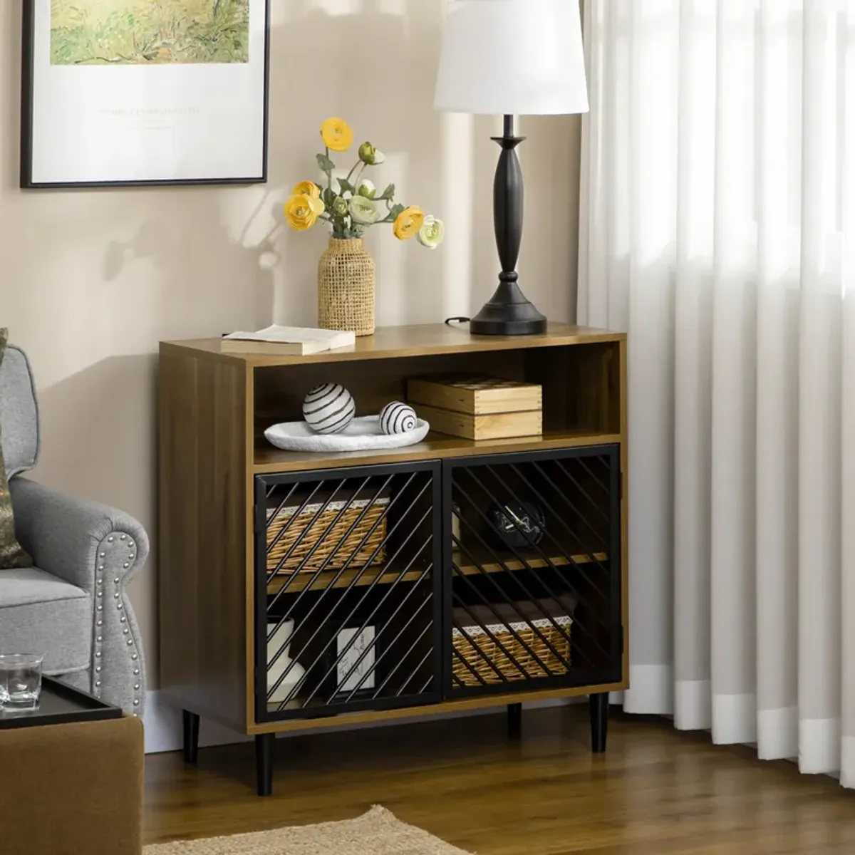 Rustic Kitchen Cabinet Storage Cabinet with Metal Doors and Adjustable Shelves