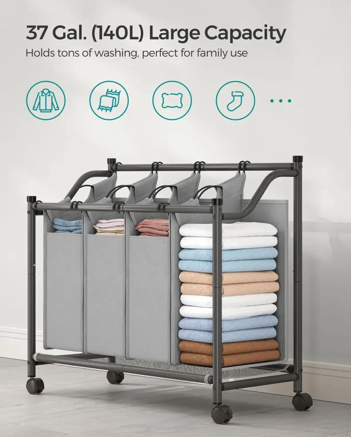 Rolling Laundry Basket with 4 Removable Bags