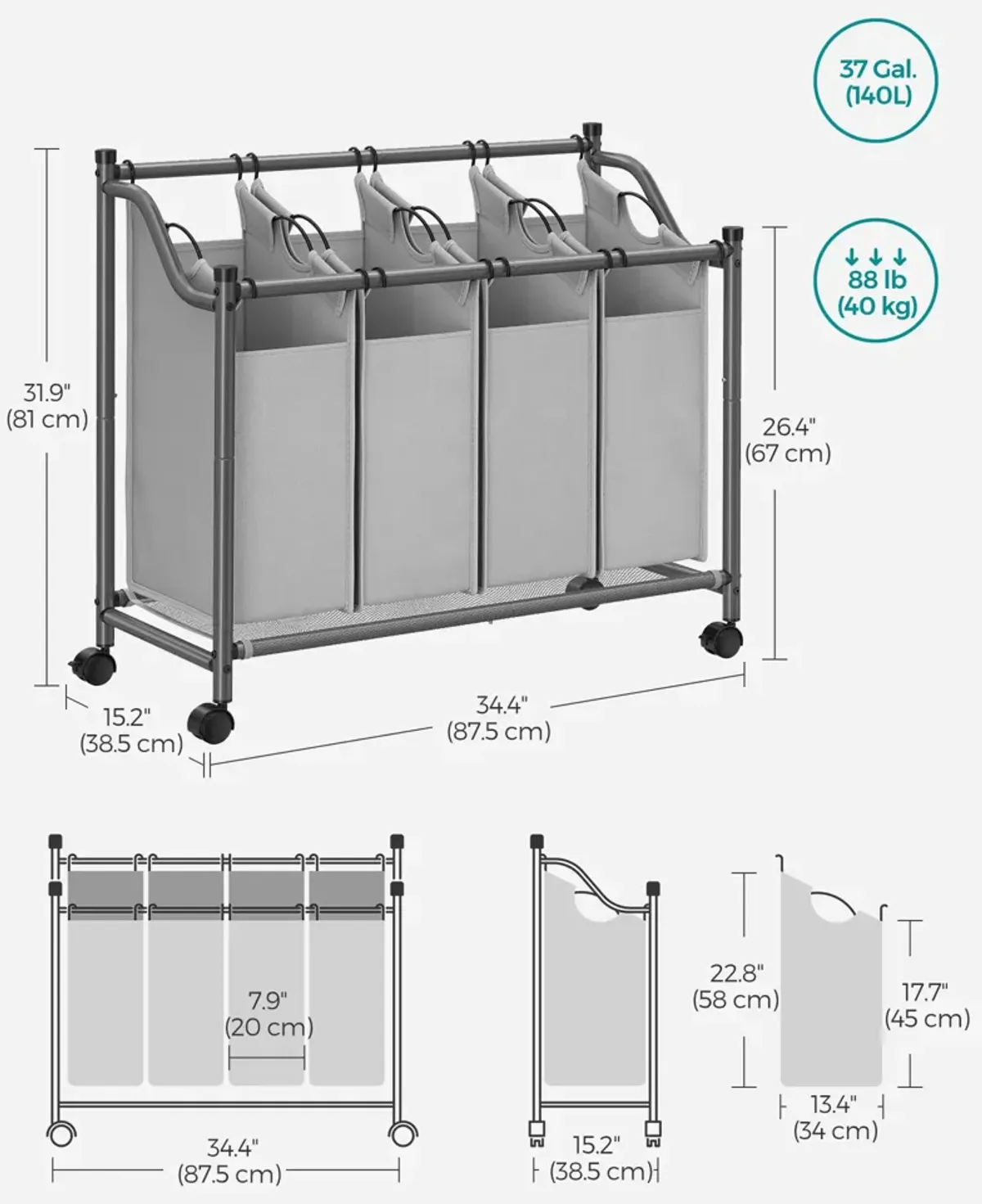 Rolling Laundry Basket with 4 Removable Bags