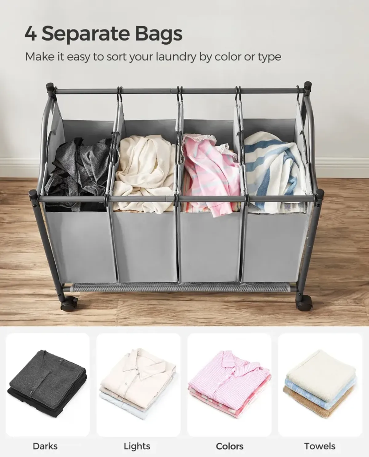 Rolling Laundry Basket with 4 Removable Bags