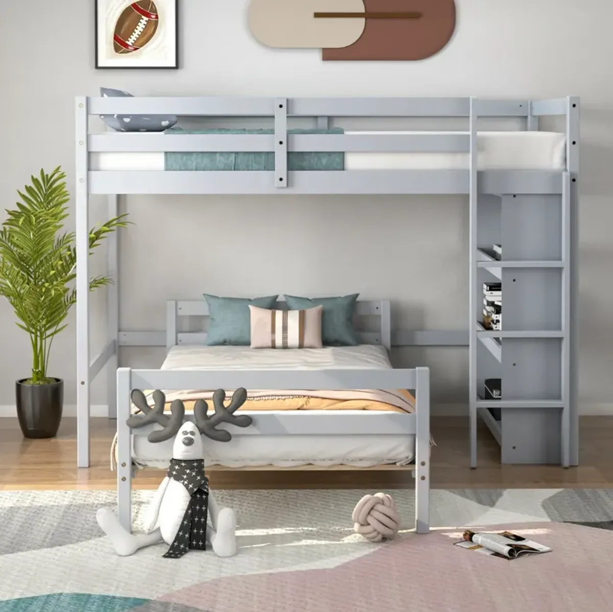 Twin Over Twin Loft Bunk Bed with Bookcase