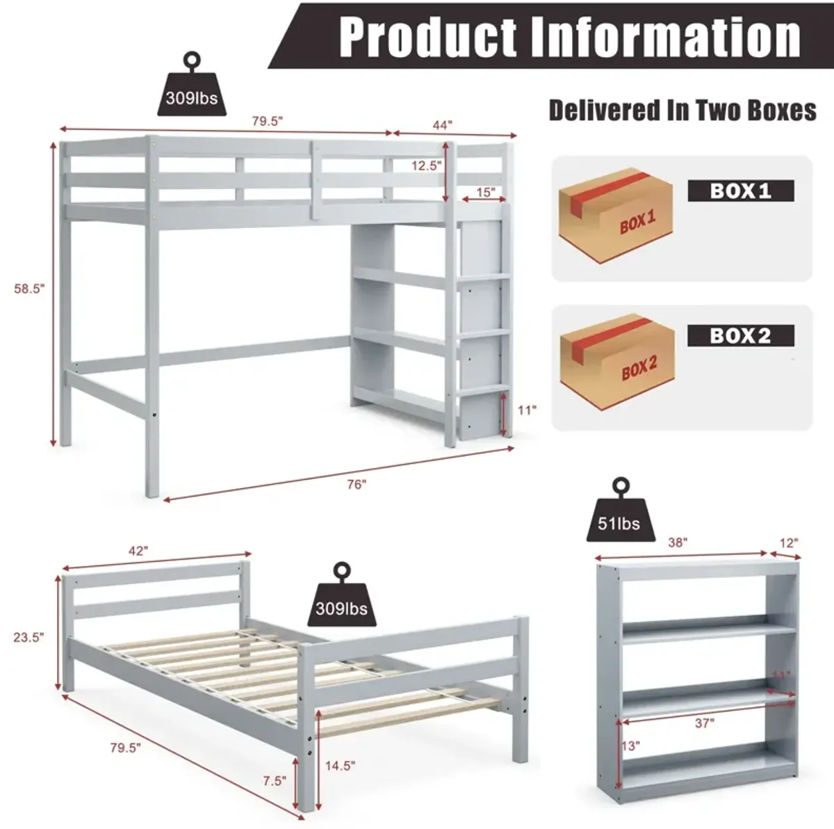 Twin Over Twin Loft Bunk Bed with Bookcase