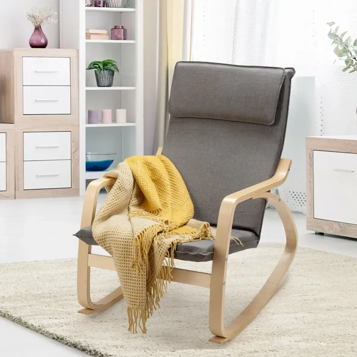 Stable Wooden Frame Leisure Rocking Chair with Removable Upholstered Cushion