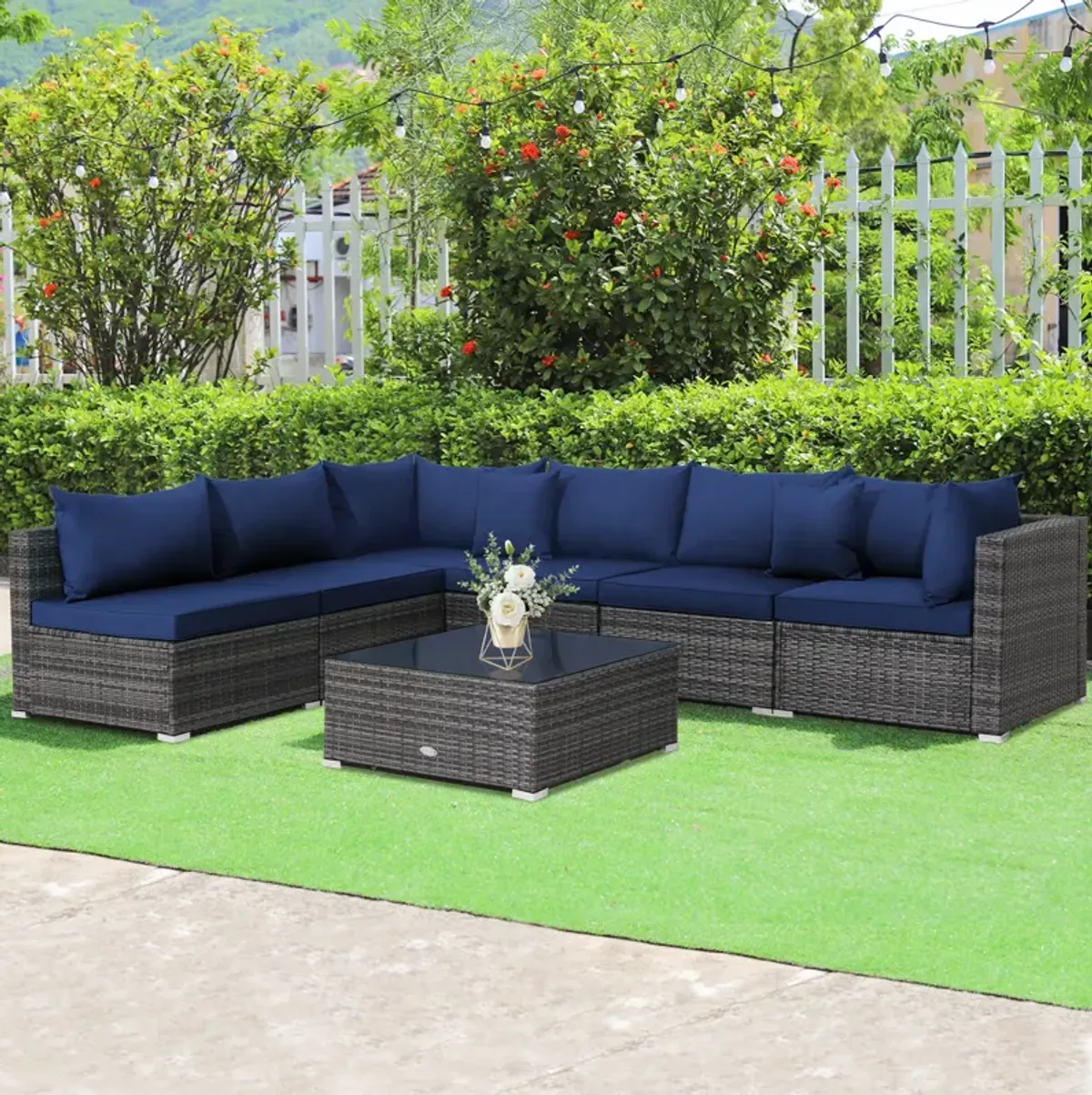 7 Pieces Patio Rattan Furniture Set with Sectional Sofa Cushioned