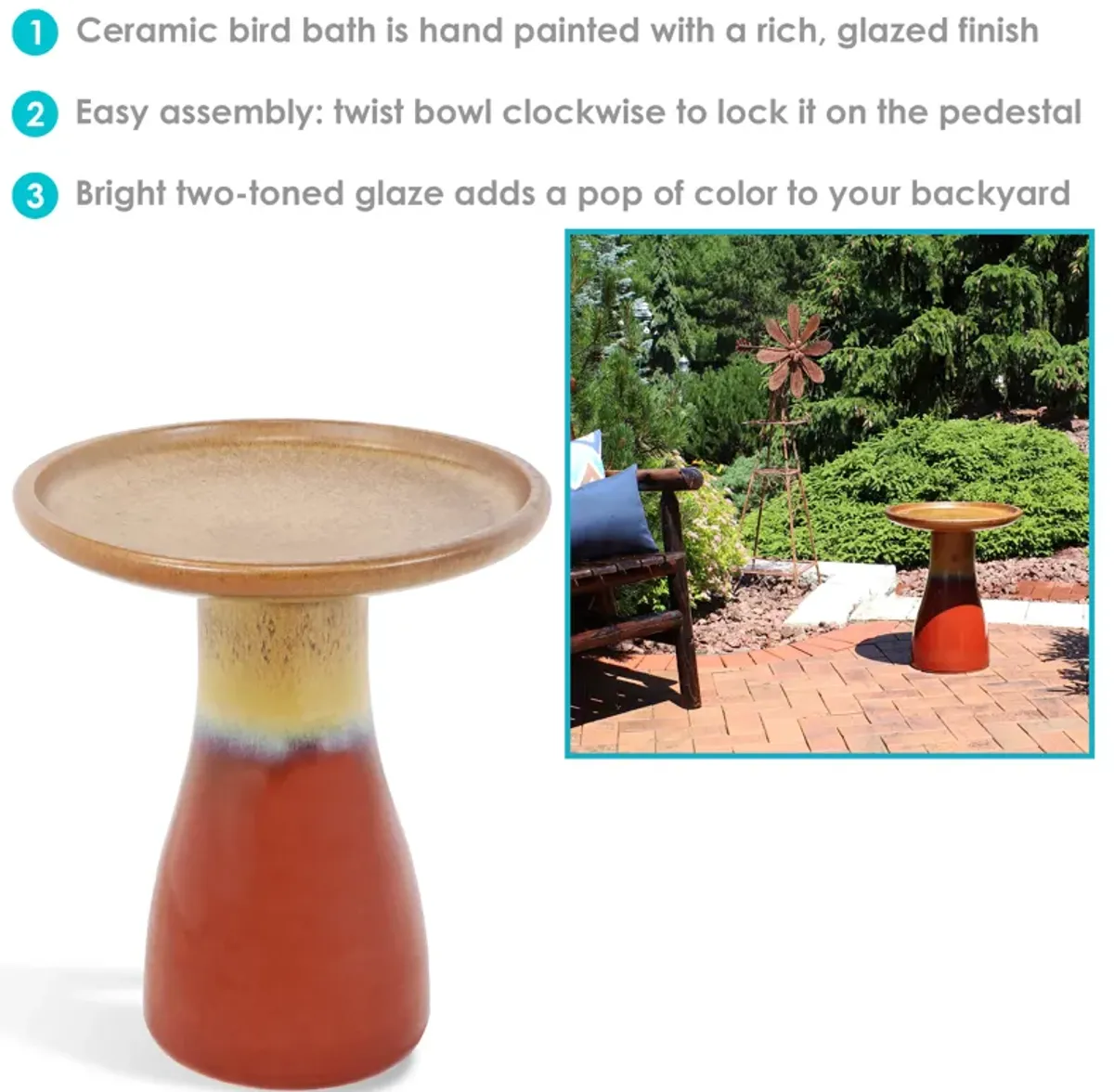 Sunnydaze Outdoor Glazed Ceramic Bird Bath - 20.5 in