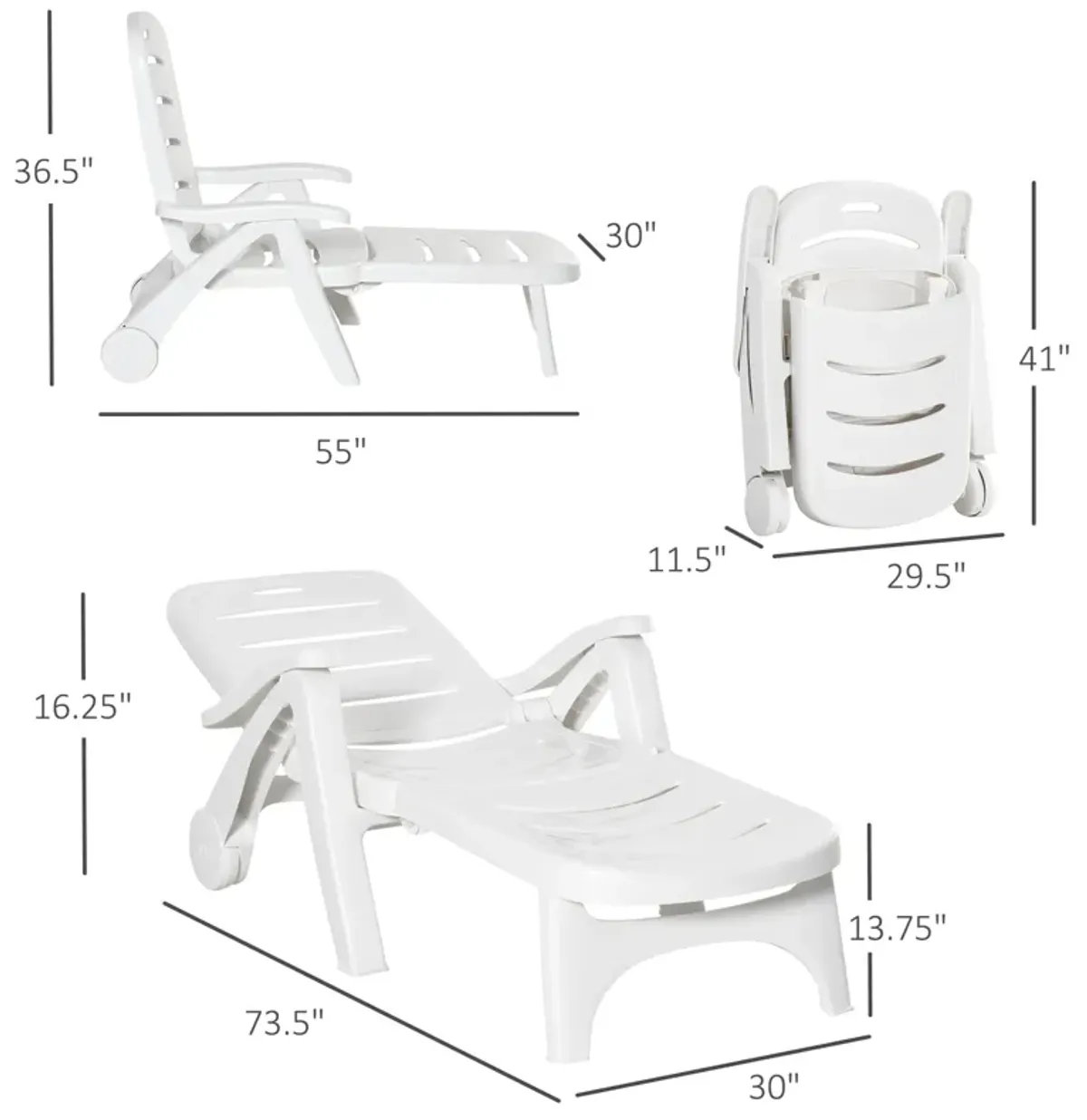 White Outdoor Recliner: 5-Position Folding Chaise Lounge with Wheels