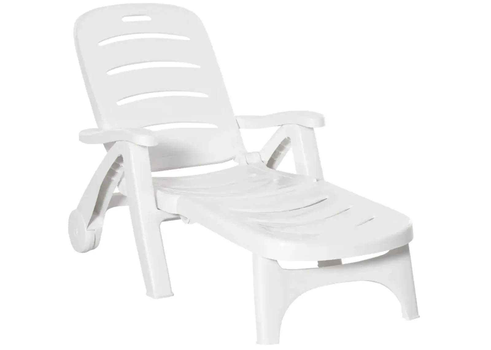 White Outdoor Recliner: 5-Position Folding Chaise Lounge with Wheels