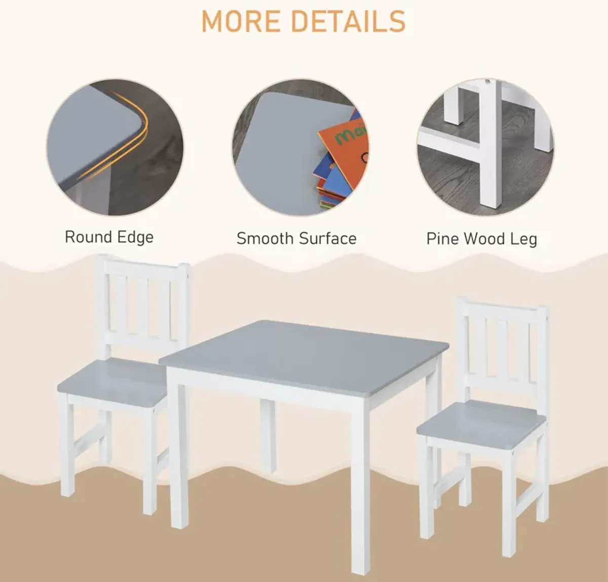 Gray Kids' Activity Set: 3-Piece Table and Chairs for Arts and Crafts