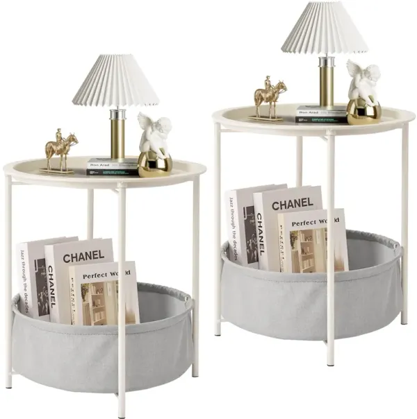 VECELO Round Side/End Table with Fabric Storage Basket