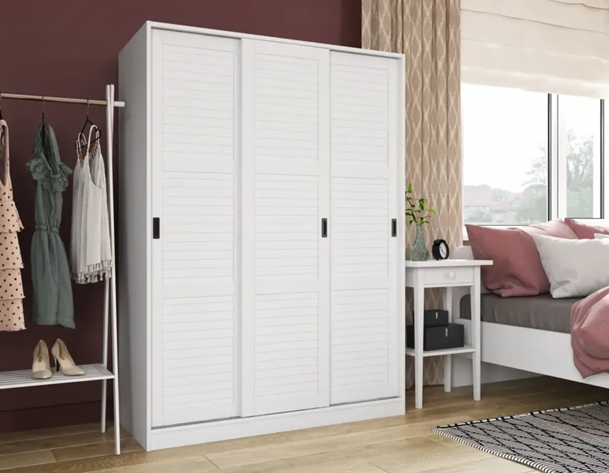 100% Solid Wood 3-Sliding Door Wardrobe with Louvered Doors