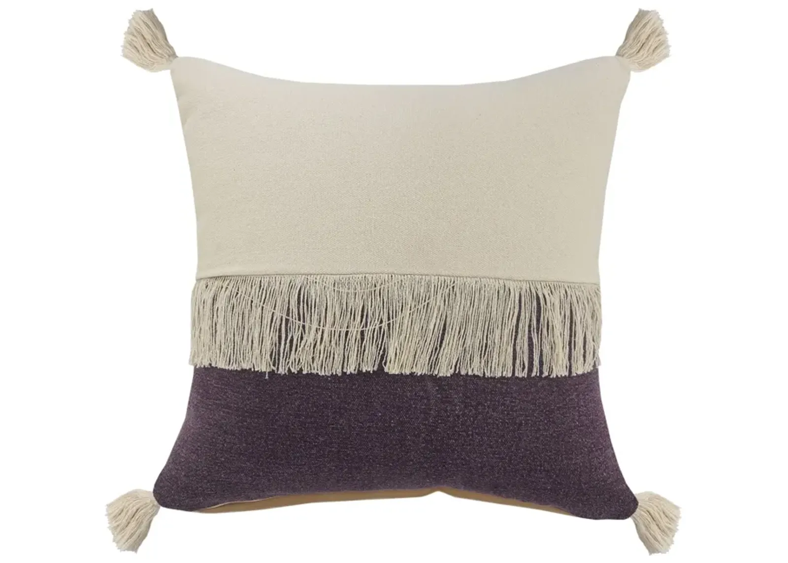 20" Purple and White Fringe Color Block Square Throw Pillow