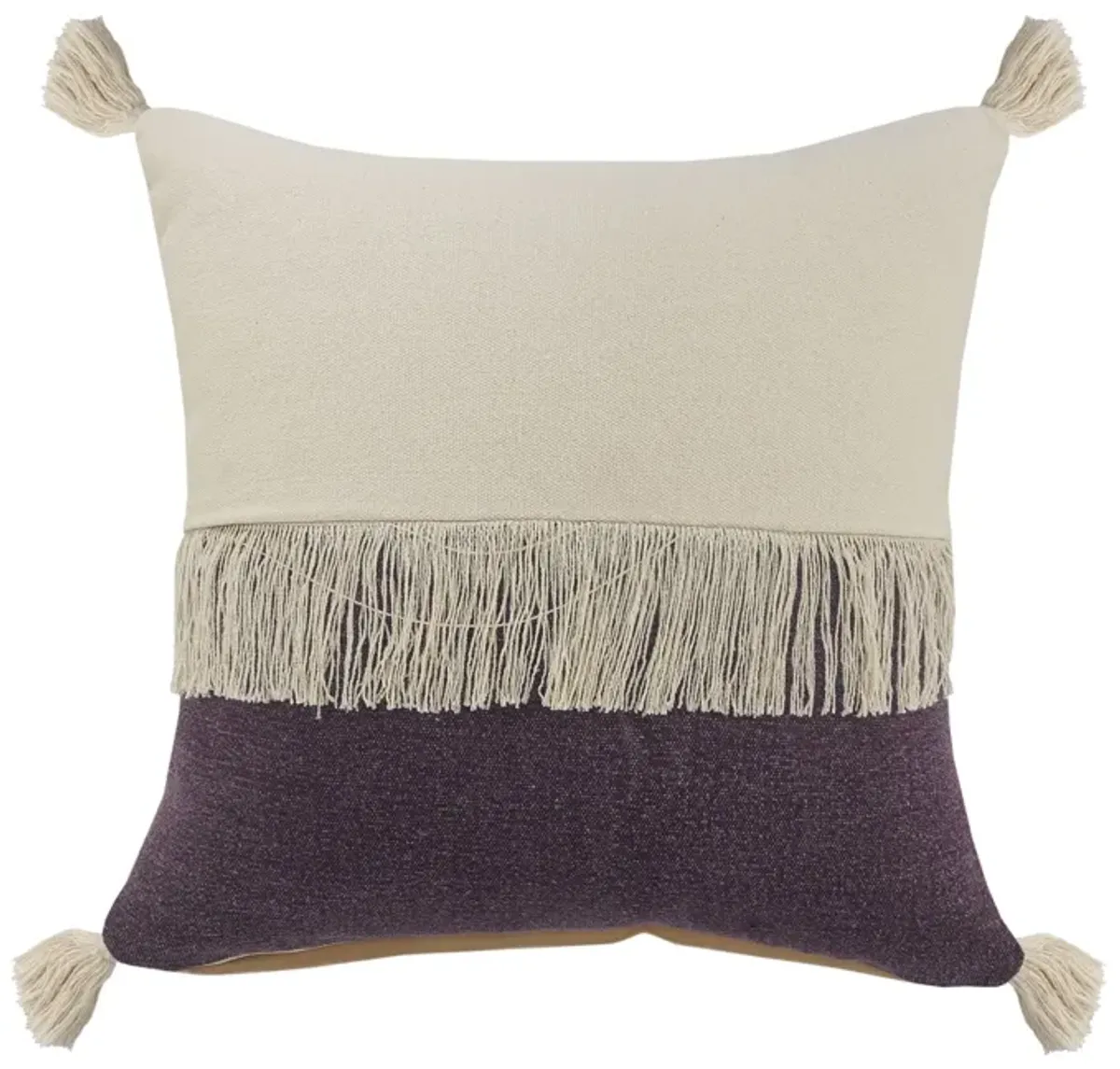 20" Purple and White Fringe Color Block Square Throw Pillow