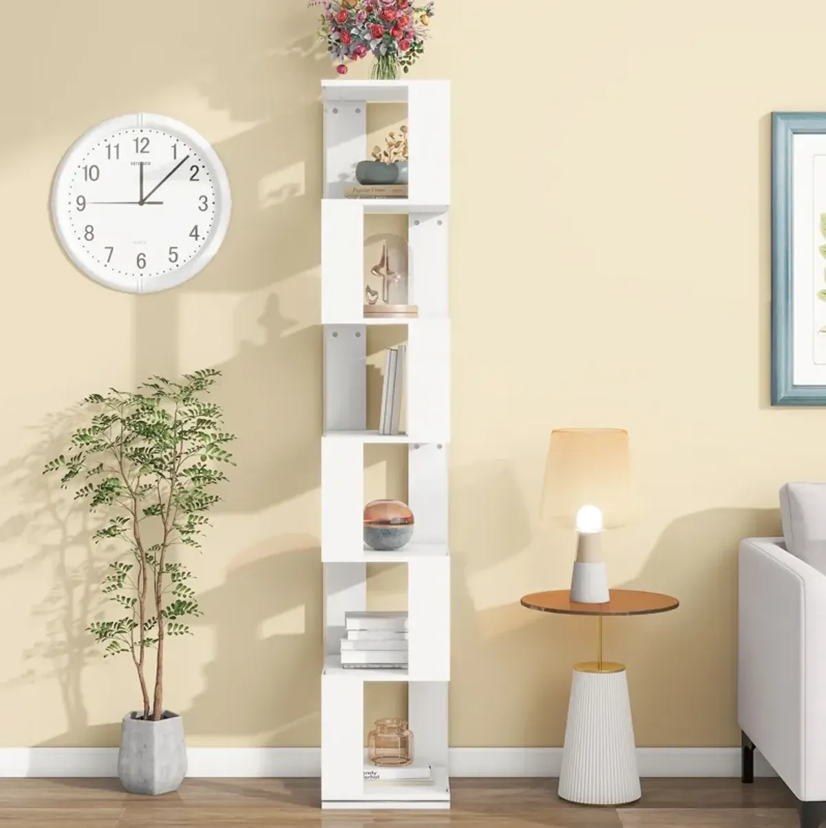 6 tier Rotating Bookshelf, Floor Rack Simple Bookcase with Acrylic plate Student Multi-Function Creative Bookshelf for Living Room