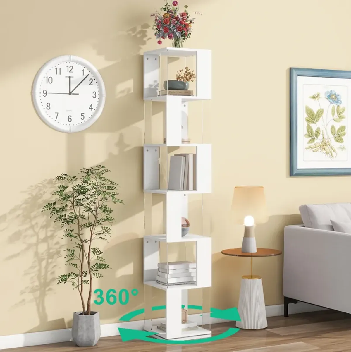 6 tier Rotating Bookshelf, Floor Rack Simple Bookcase with Acrylic plate Student Multi-Function Creative Bookshelf for Living Room