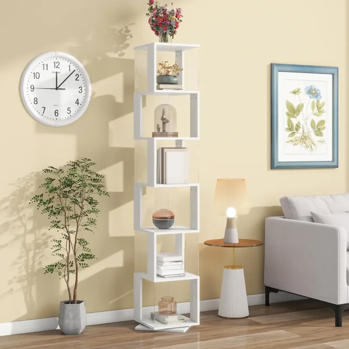 6 tier Rotating Bookshelf, Floor Rack Simple Bookcase with Acrylic plate Student Multi-Function Creative Bookshelf for Living Room