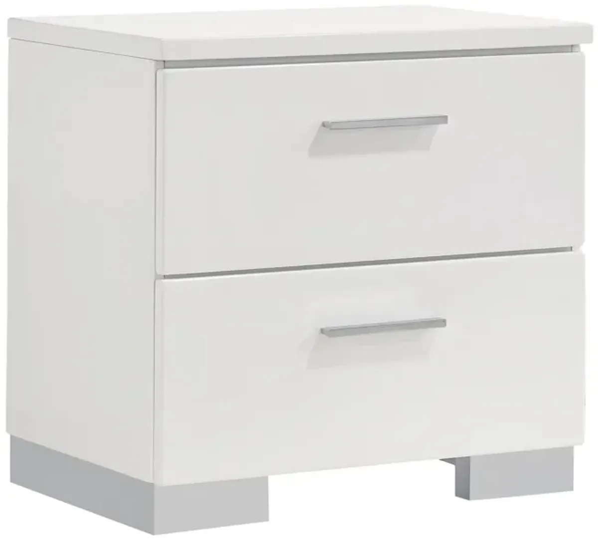 Wooden Nightstand with 2 Drawers and Chrome Metal Legs, White-Benzara