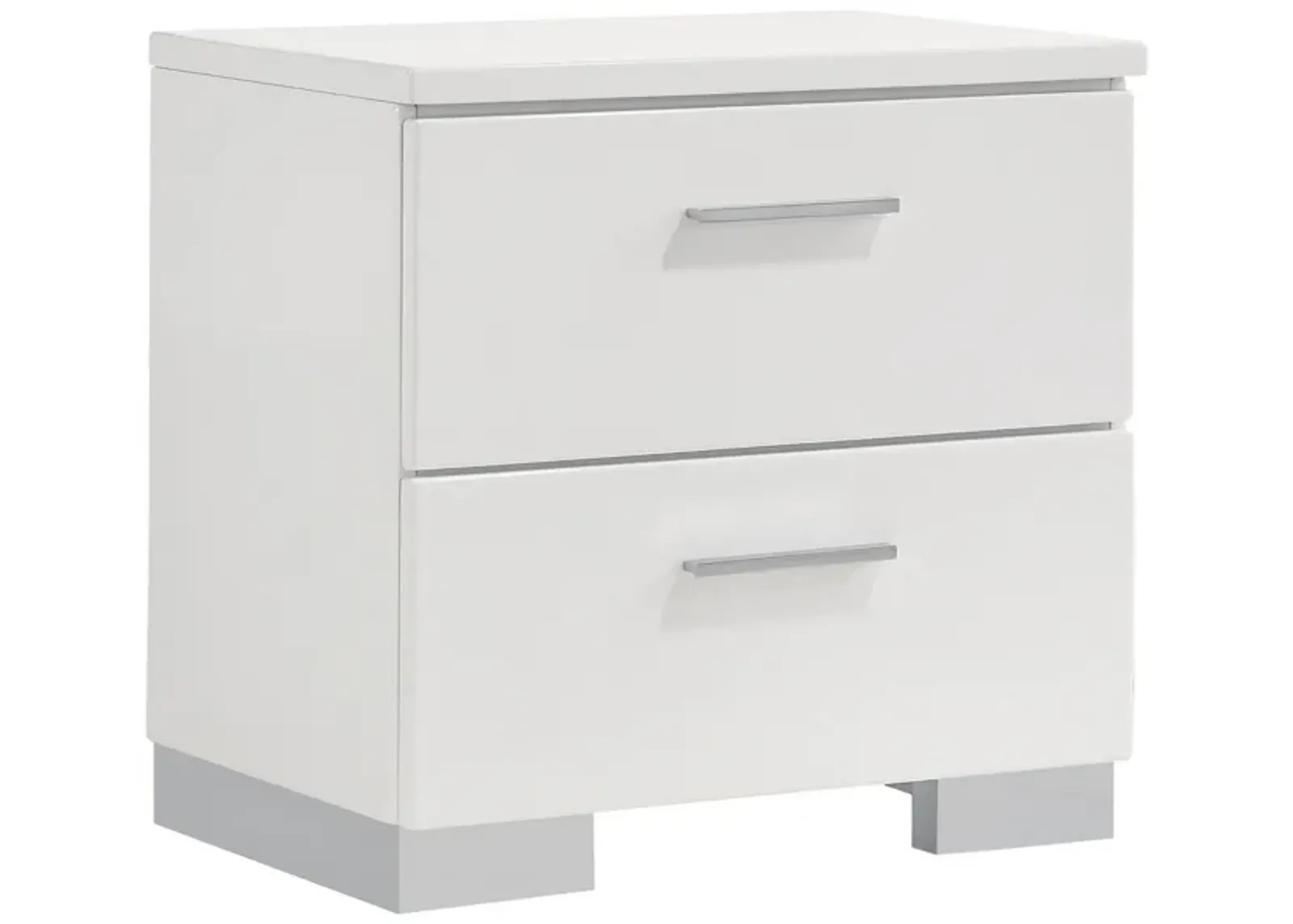 Wooden Nightstand with 2 Drawers and Chrome Metal Legs, White-Benzara