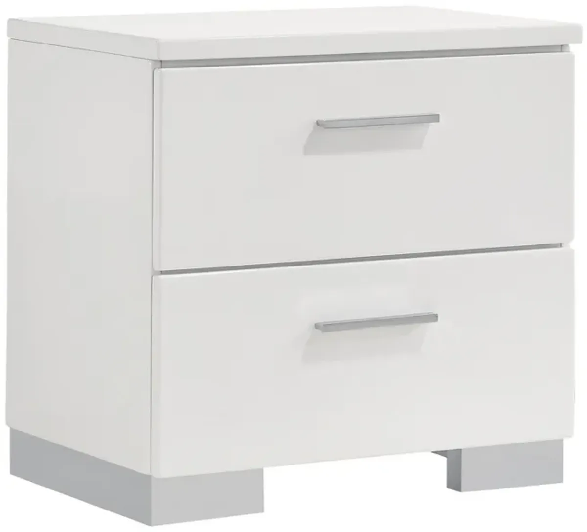 Wooden Nightstand with 2 Drawers and Chrome Metal Legs, White-Benzara