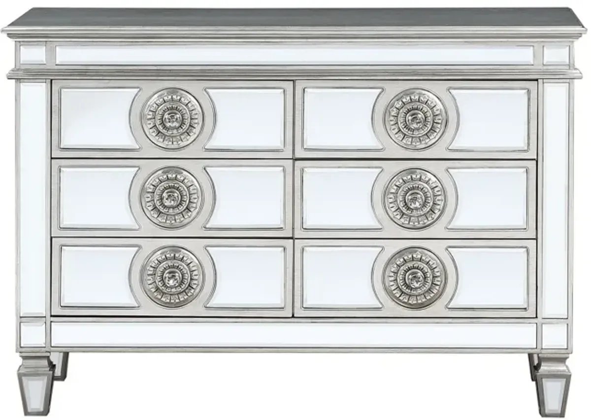 Server with 6 Mirrored Drawers and Medallion Front, Silver-Benzara