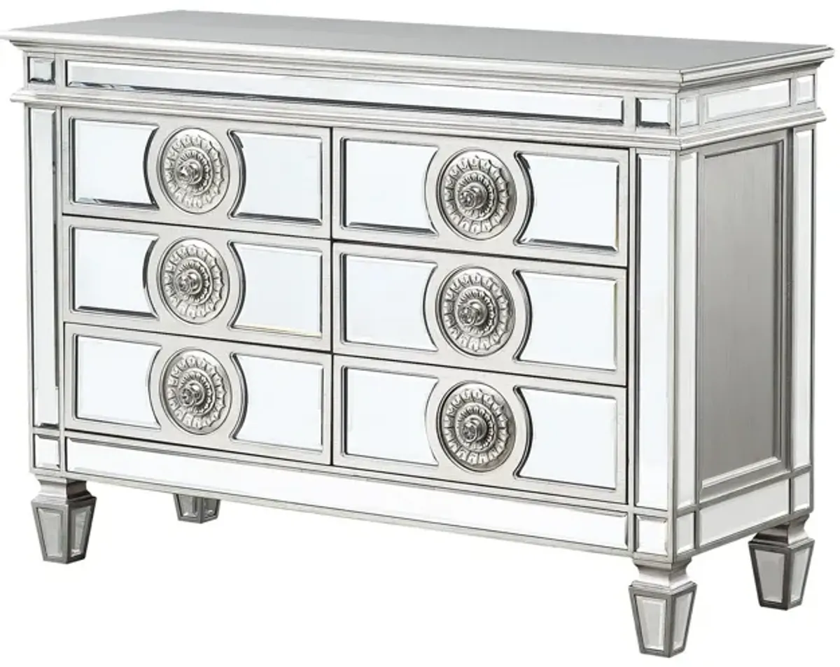Server with 6 Mirrored Drawers and Medallion Front, Silver-Benzara