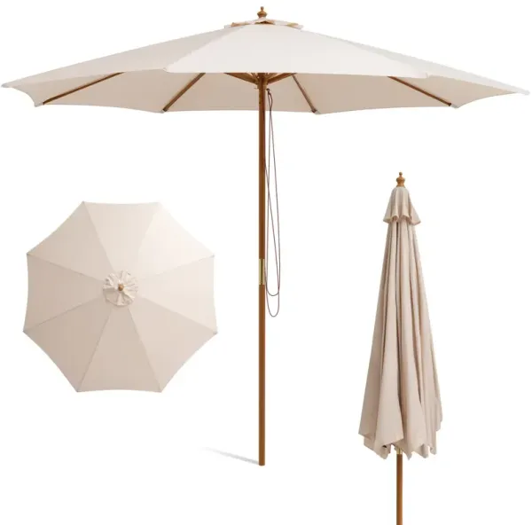 10 Feet Patio Umbrella with 8 Wooden Ribs and 3 Adjustable Heights-Beige