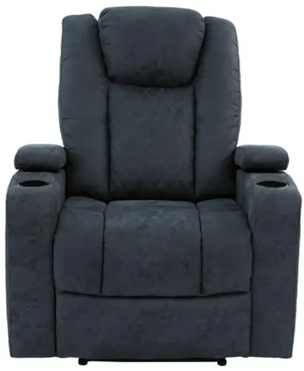 Kem 39 Inch Power Recliner Chair, Adjustable Headrest, Blue Faux Leather - Benzara