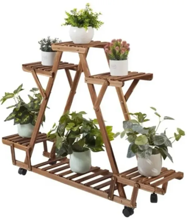 Indoor/Outdoor Solid Wood Triangular Plant Stand – Multi-Tier with Locking Wheels