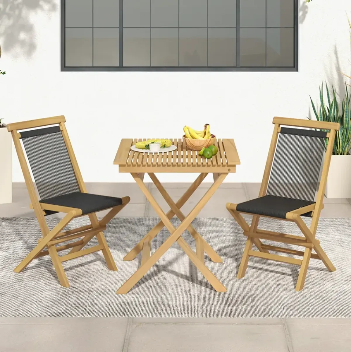 2 Piece Indonesia Teak Patio Folding Chairs with Woven Rope Seat and Back for Porch Backyard Poolside