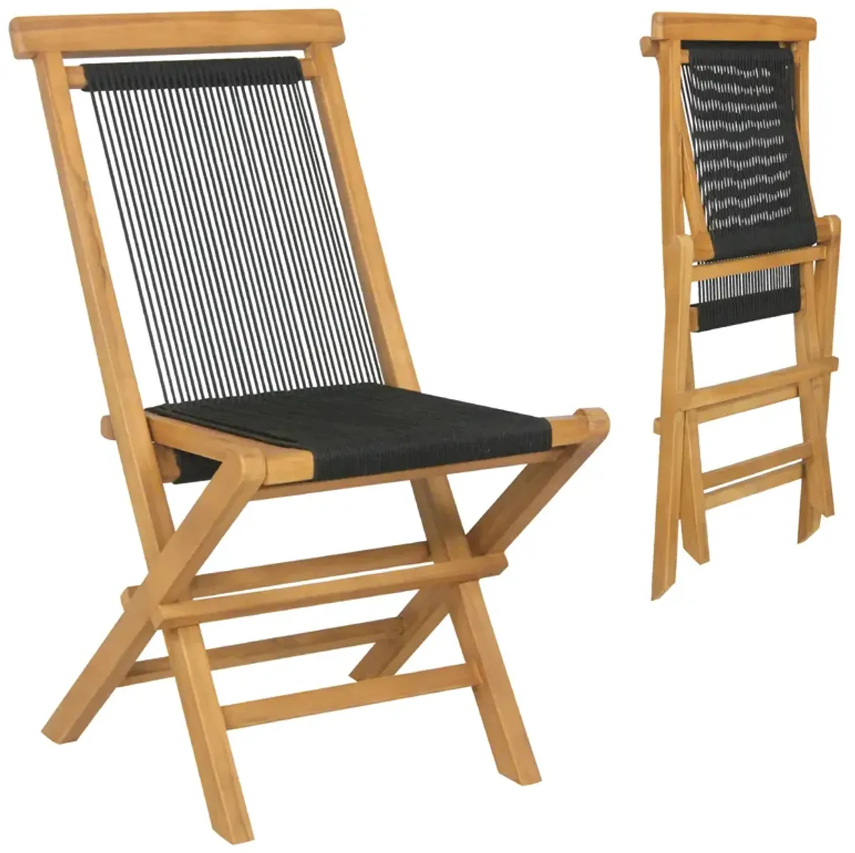 2 Piece Indonesia Teak Patio Folding Chairs with Woven Rope Seat and Back for Porch Backyard Poolside