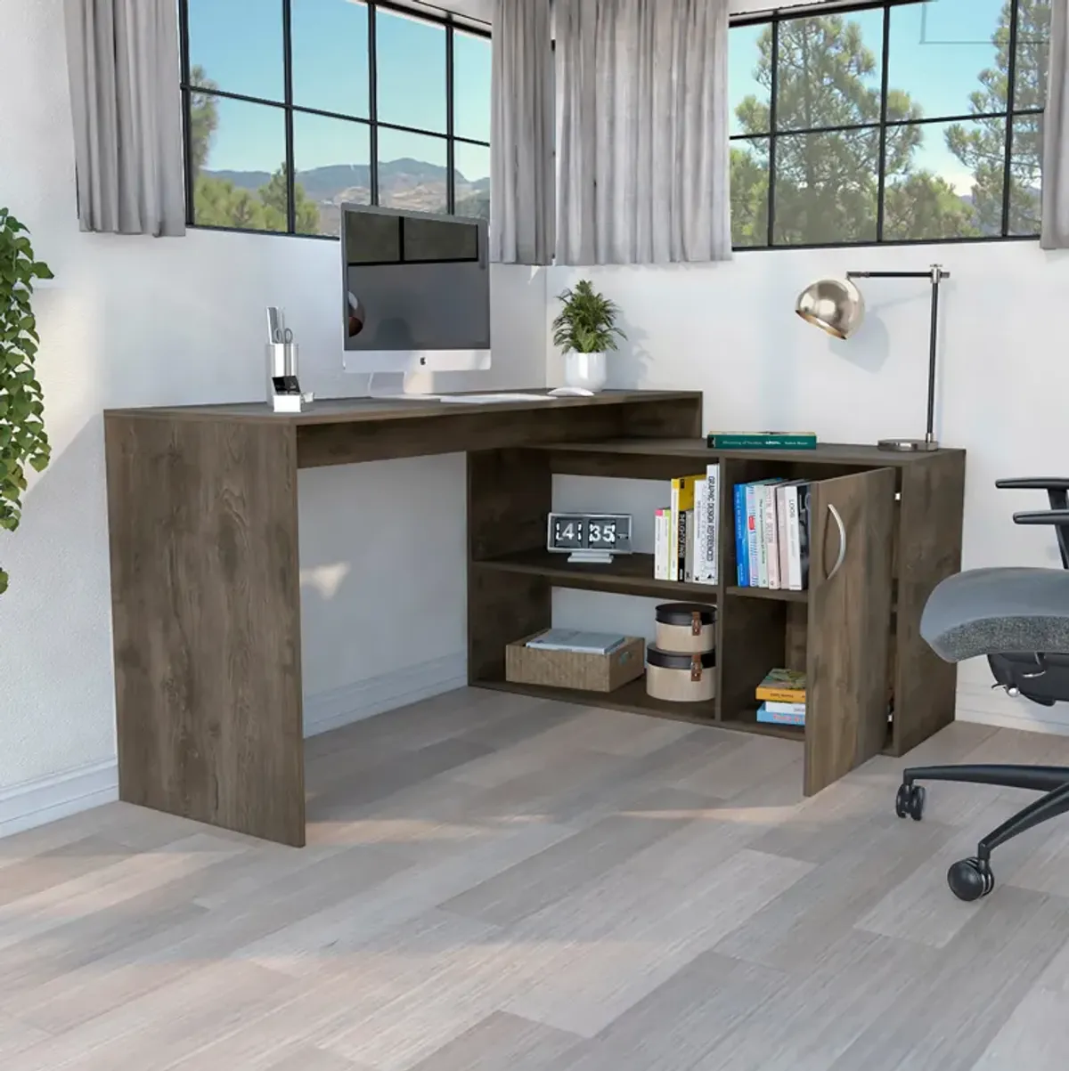 Axis Modern L-Shaped Computer Desk with Open & Closed Storage -Light Gray