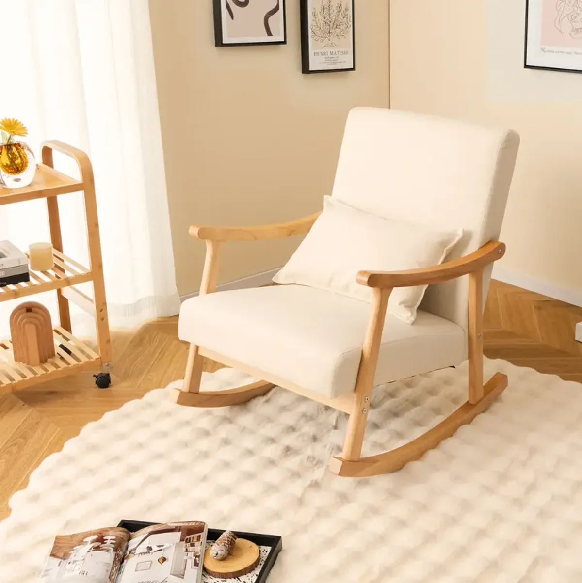 Cozy Rubber Wood Frame Rocking Chair with Upholstered Seat and Pillow